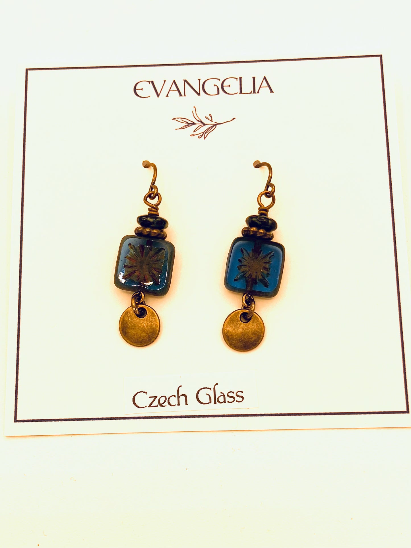 Czech Glass Earrings, Blue Square with Star