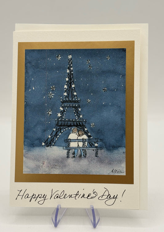 Gold Eiffel Night Valentine's Card