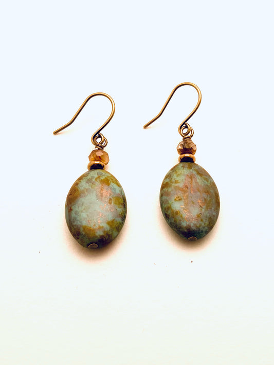 Czech Glass Earrings, Green Oval