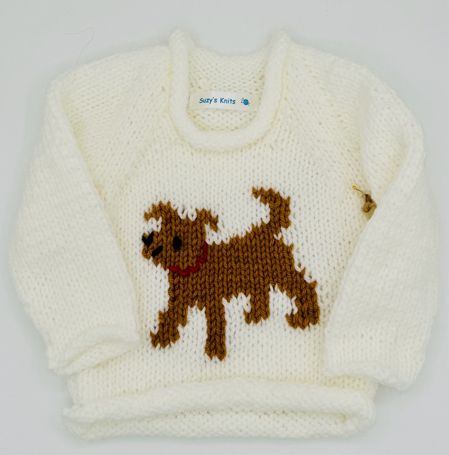 12 M White Acrylic Knit Sweater with Brown Dog
