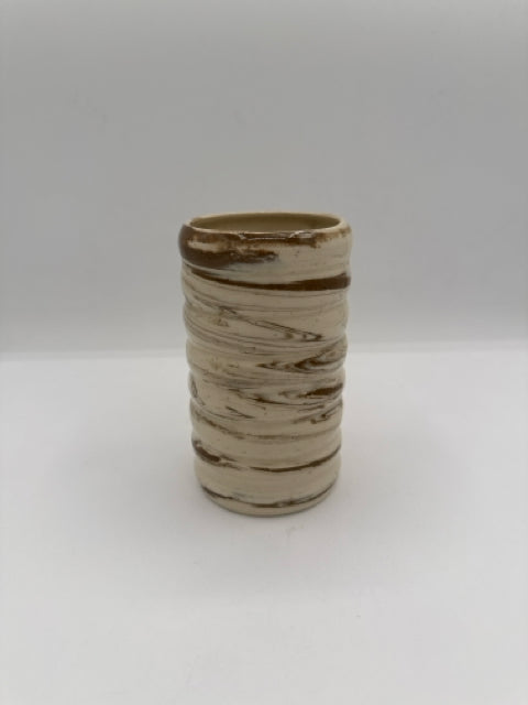 Handmade Stoneware Brown & Cream Marbled Ridge Vase