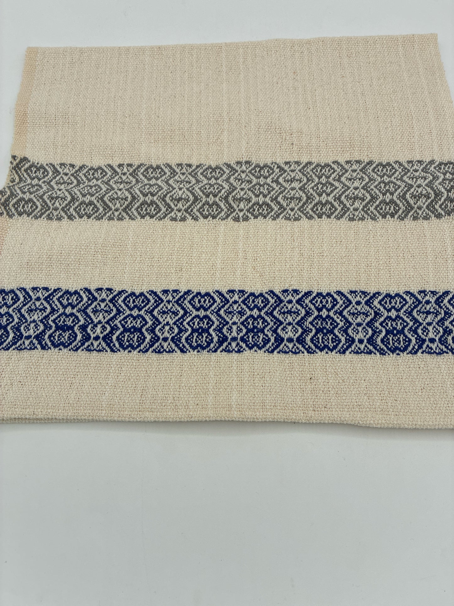 Handwoven Natural Towel with Gray and Navy Stripe