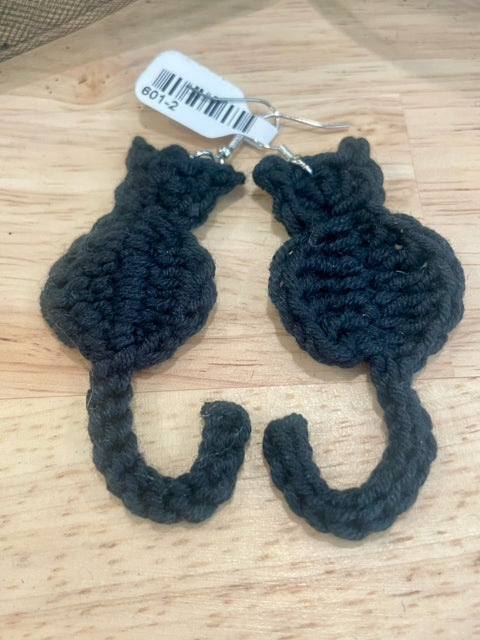 Cotton Crochet Black Cat Earrings