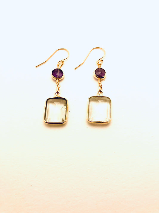 Green Amethyst Bezel wrapped with Purple amethyst Gold Vermeil Earrings