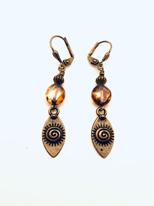 Czech Glass Earrings, Long, Amber Color  with Brass
