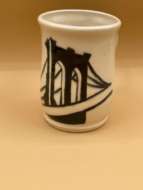 Handthrown White Stoneware Mug With Brooklyn Bridge Design