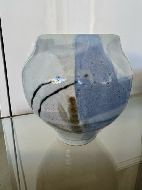 Stoneware, Pink, Yellow, White, Black, and Blue Vase