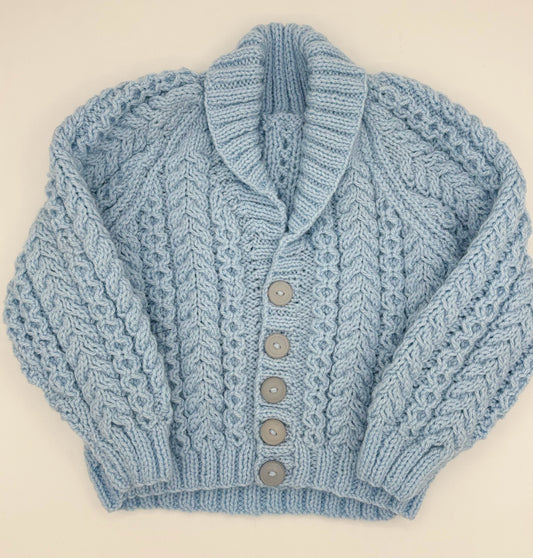 12-18 M Light Blue Acrylic Aran Cardigan with Shawl Collar
