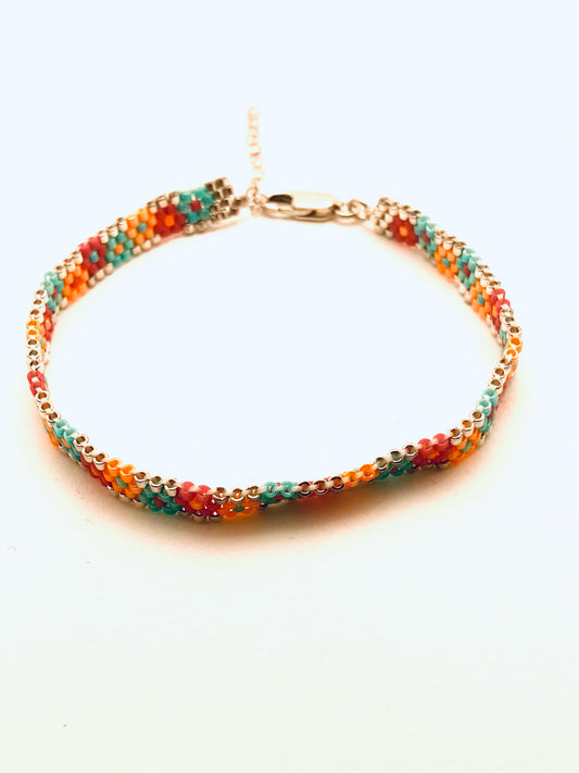 Beaded 4 Row Flower Bracelet, Blue, Red, Dark Blue and Gold