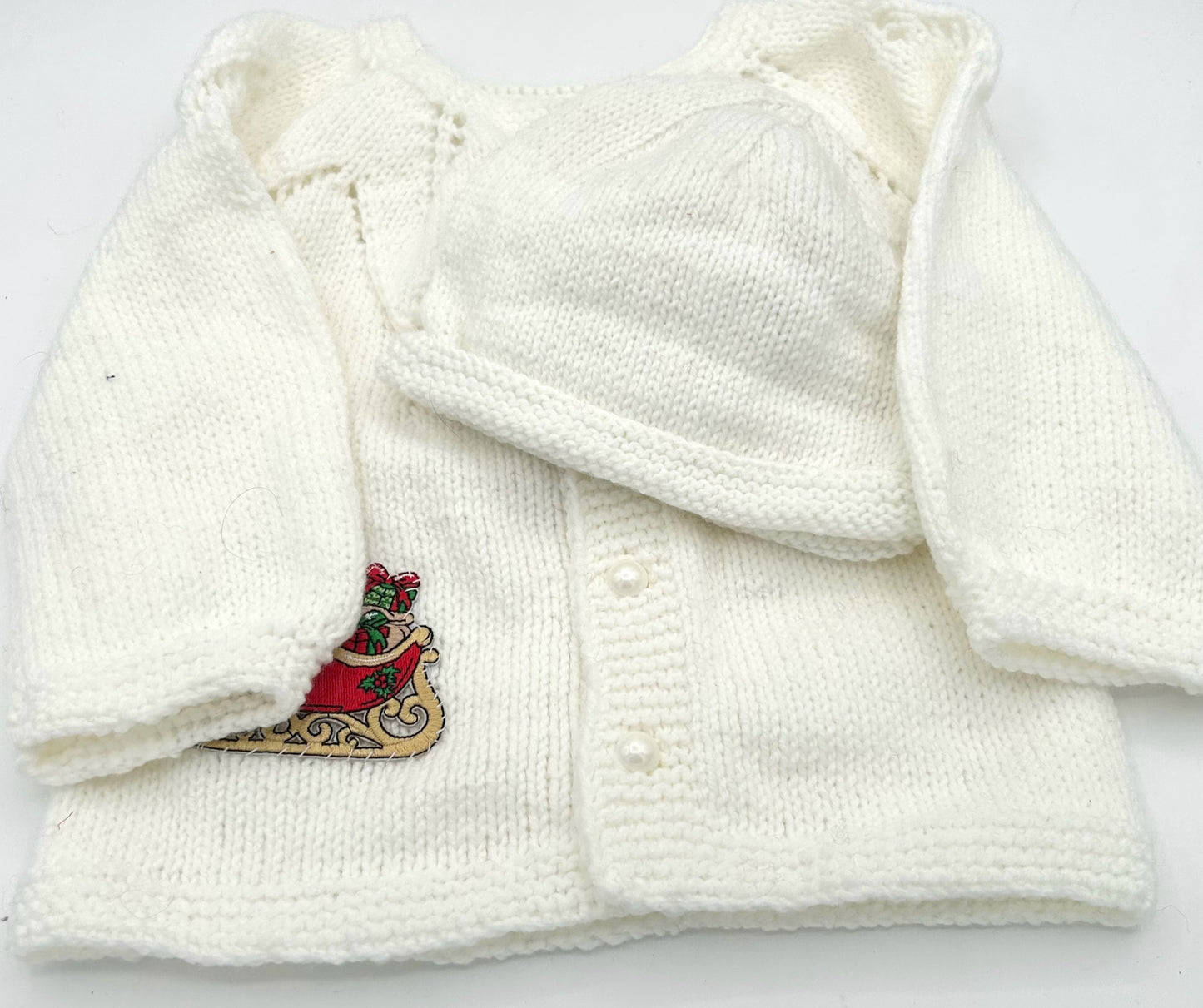 12-18 M White Acrylic Knit Cardigan Set with Christmas Sled Patch