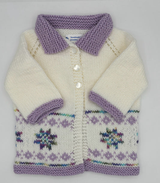 12 M White and Lavender Acrylic Fair Isle Knit Coat