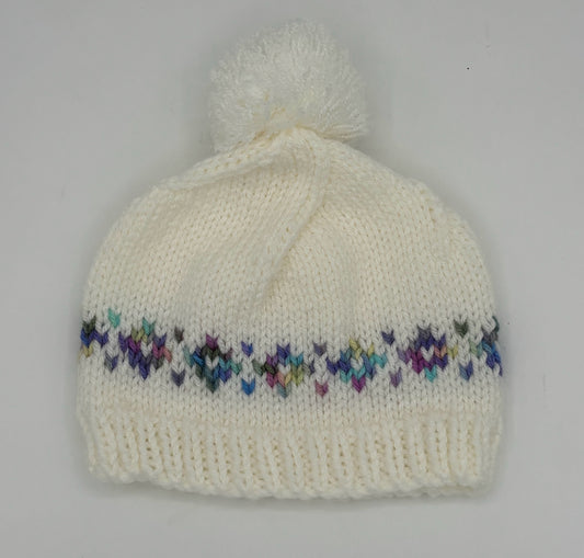 Child S White with Pastel Acrylic Fair Isle Knit Beanie with Pom Pom