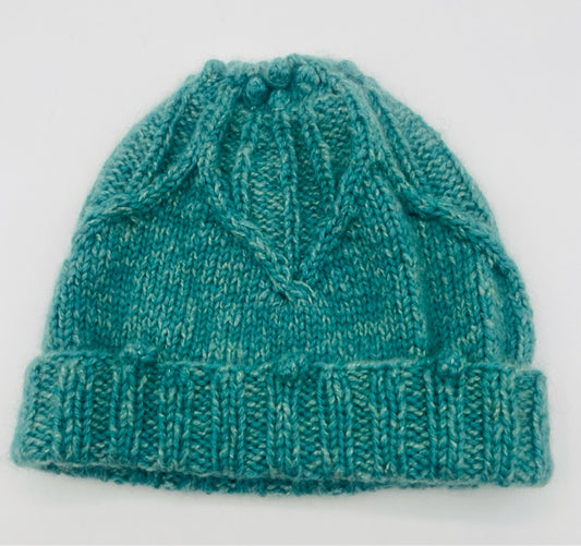 M/L Cashmere and Wool Turqoise Cables & Bobble Knit Hat