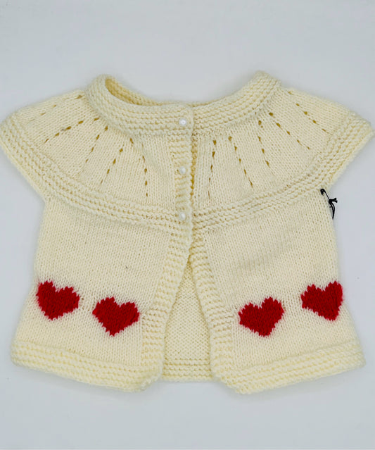 3-4 Y Cream Acrylic Knit Short Sleeve Sweater with Red Hearts