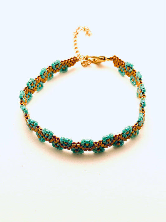 Beaded 4 Row Flower Edge Bracelet, Copper and Turquoise