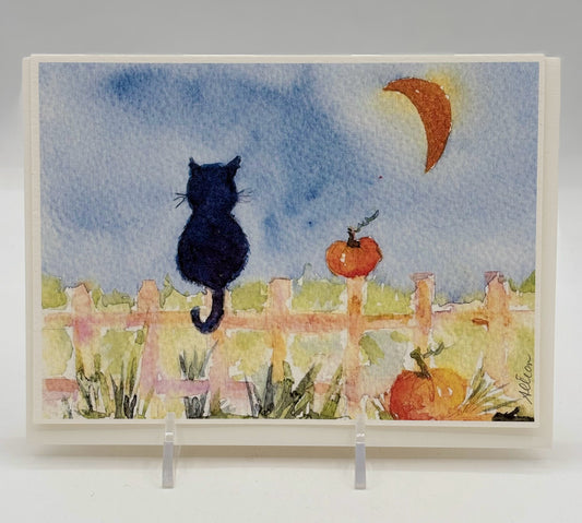 Cat On Fence Halloween Card