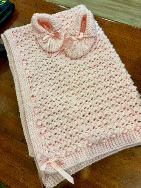 Light Pink Acrylic Baby Blanket with Booties Set