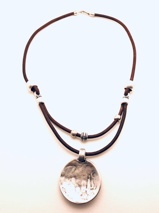 Zsmak Metal Leather Necklace with Round Pendant