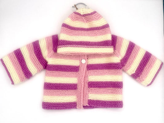 3-6 M Pink and Creami Stripe Acrylic Cardigan Set with Beanie