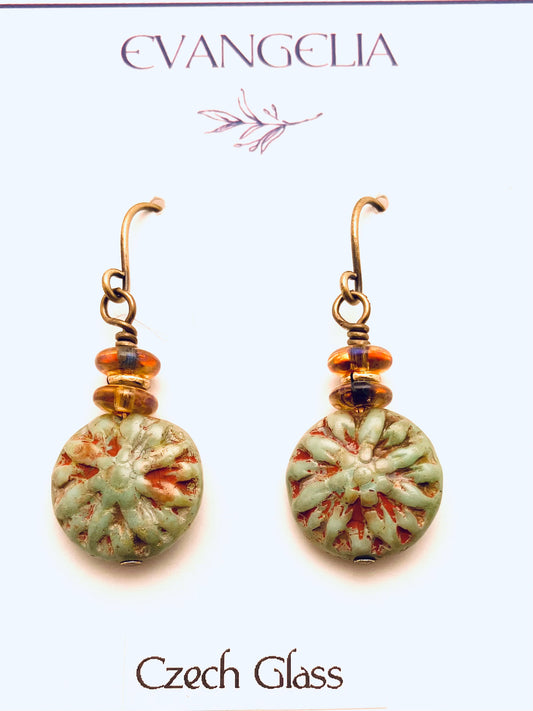 Czech Glass Earrings, Dark Green Flower