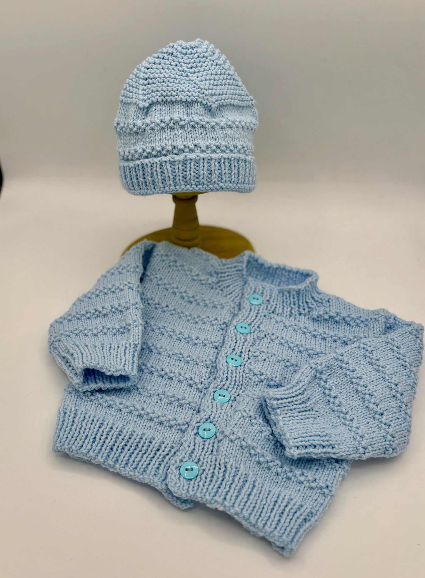 12-18 M Light Blue Acrylic Stripe Knit Sweater & Hat