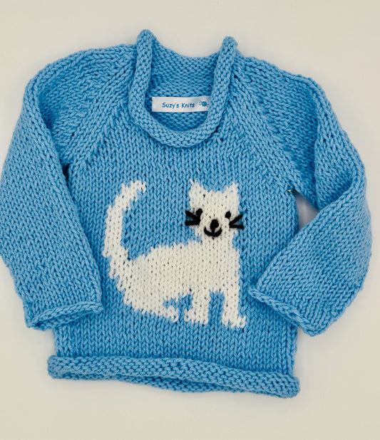 12 M Light Blue Acrylic Knit Sweater with White Cat