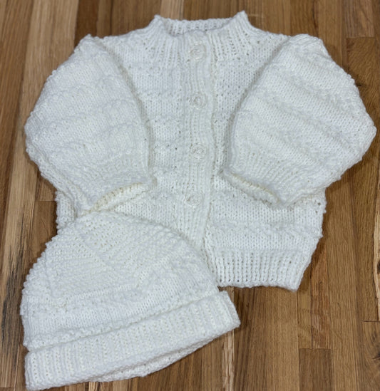 6-12 M White Acrylic Stripe Knit Sweater & Hat