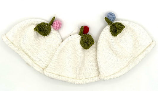 0-3 M White Cotton Beanie with Berry & Leaf Decor