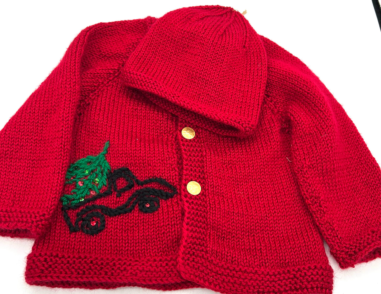 12-18 M Red Acrylic Knit Cardigan Set with Embroidered Christmas Tree Truck