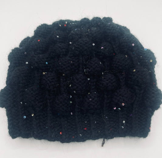 L Black Acrylic and Wool Acorn Bobble Knit Hat with Paillettes
