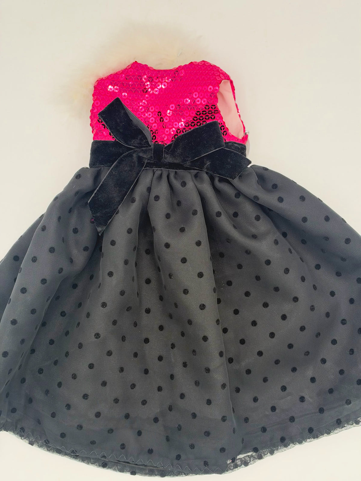 Black Polka Dot Skirt with Pink Sequined Top and White Boa for 18" Doll