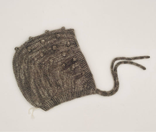 0-6 M Gray Rayon and Mohair Knit Baby Bonnet with Bobbles and tie