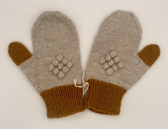 S/M Adult Mustard and Oat Wool Blend Knit Mittens with Bobbles