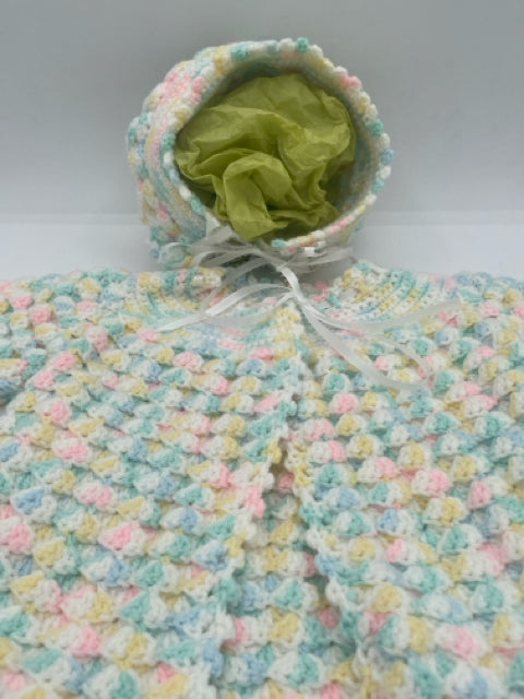 0-3 M White with Multi Pastel Acrylic Knit Cardigan and Bonnet Set