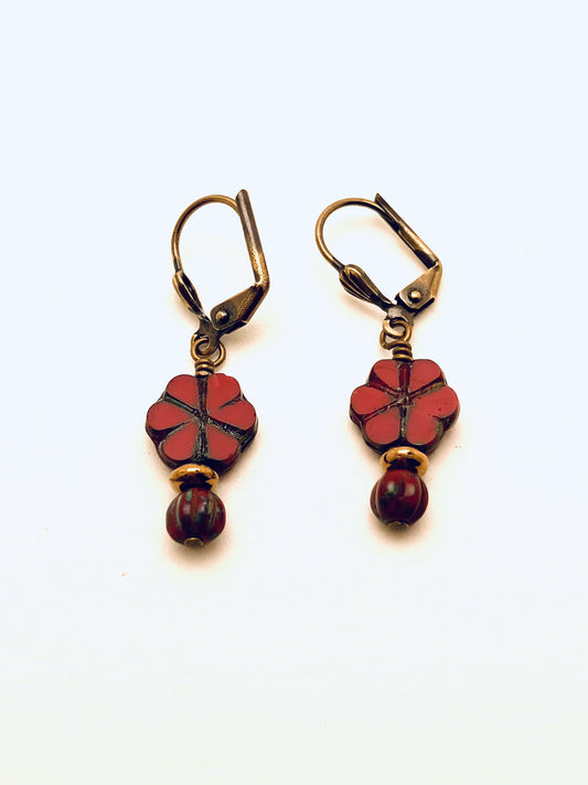 Czech Glass Earrings, Red Little Flower