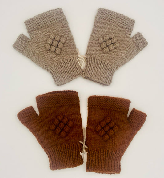 O/S Adult Nutmeg Wool Blend Knit Fingerless Gloves with Bobbles