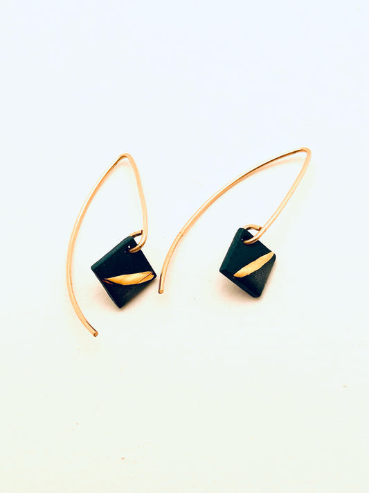 Gold Strip  Square Earrings, Teal