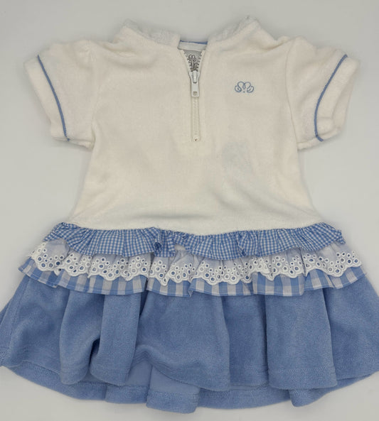 3Y Terrycloth White and Blue Ruffled Dress with Hood