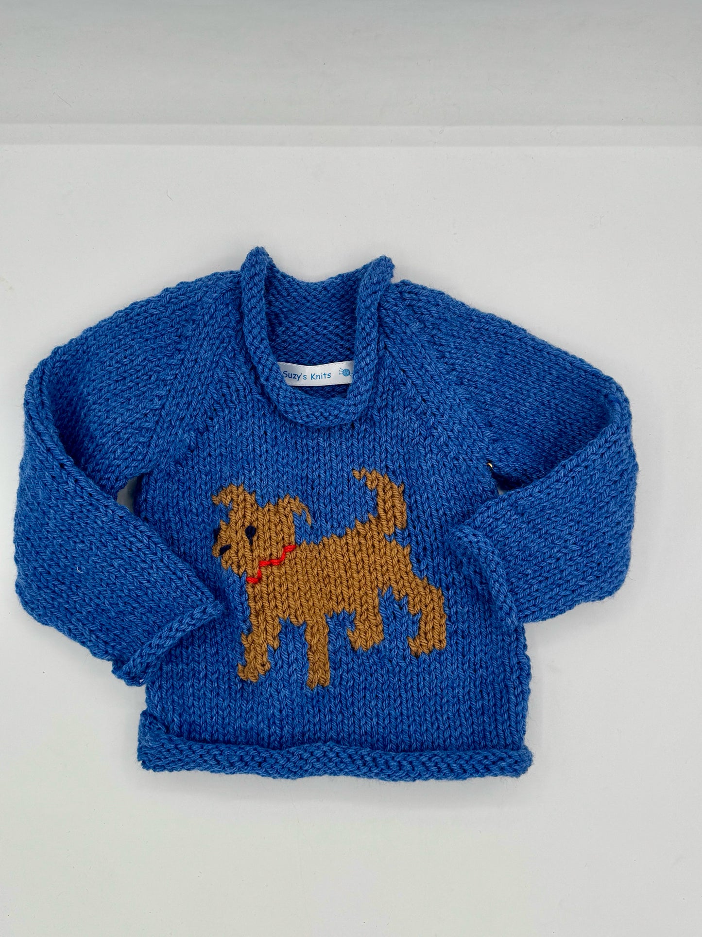 12 M Denim Blue Acrylic Knit Sweater with Brown Dog