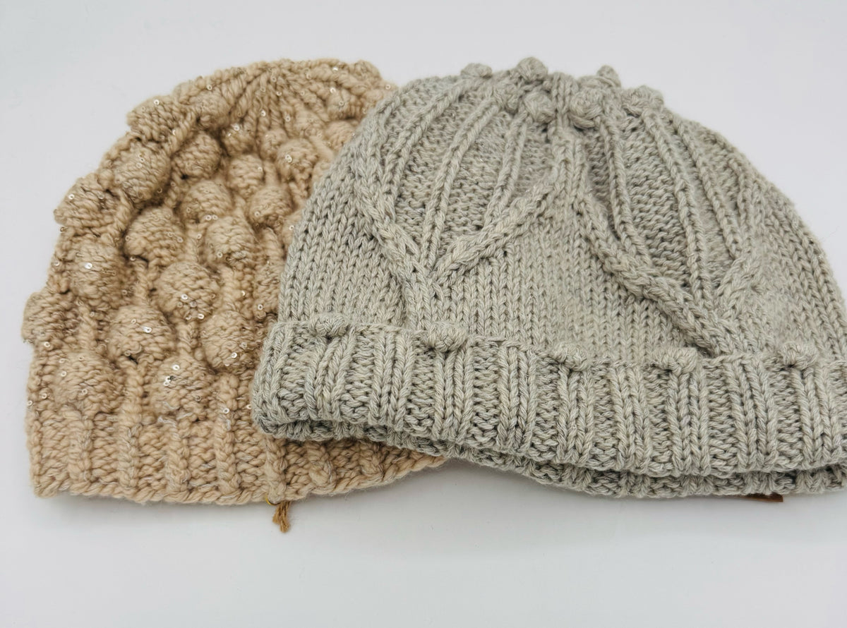 M Grey and Cream Bobbles and Cables Cashemere and Wool Knit Hat