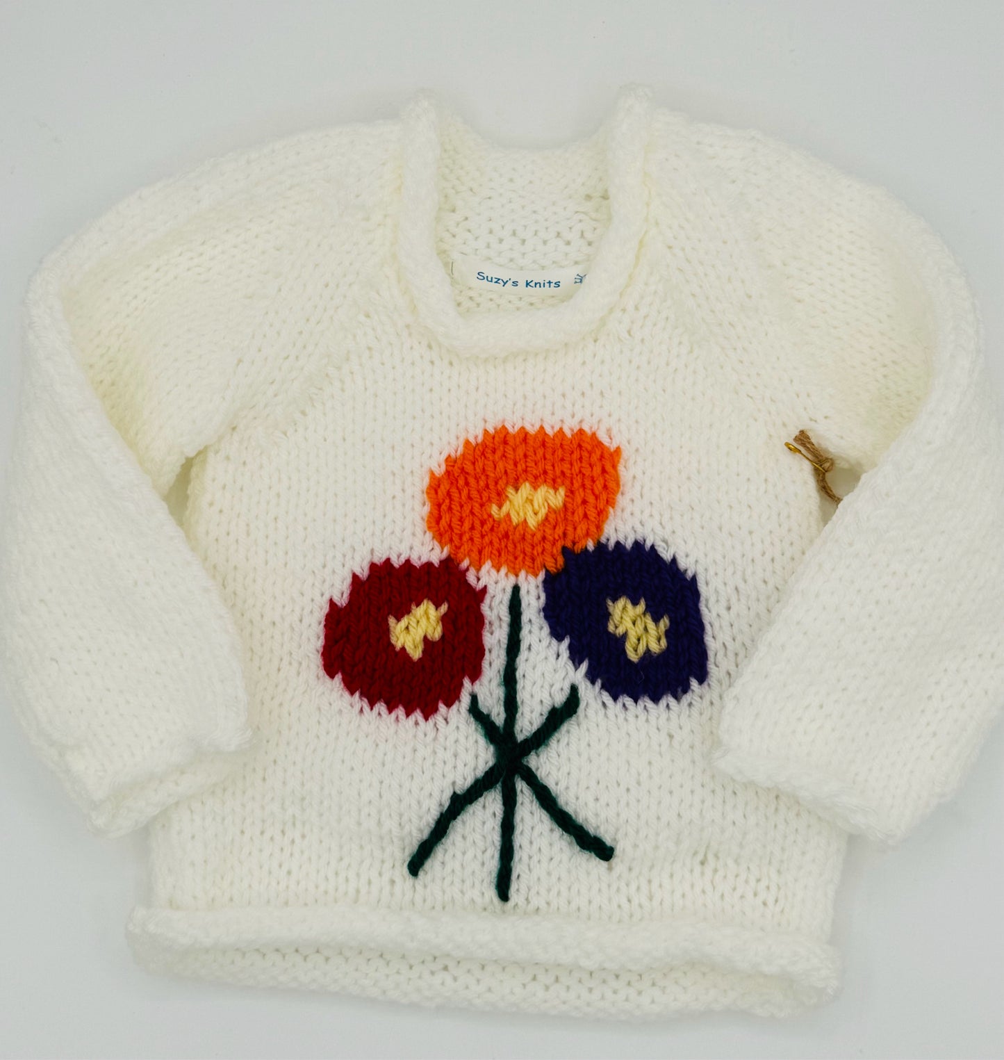 12 M White Acrylic Knit Sweater with Brightl Flowers