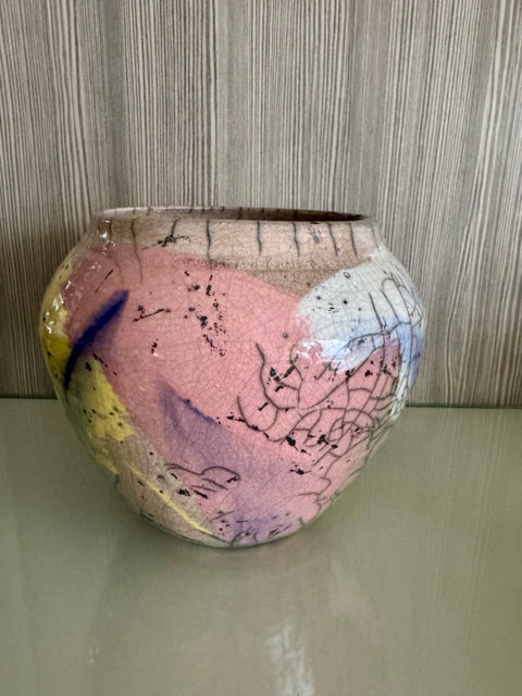 Raku Yellow, White, Blue & Pink Vase/Jar