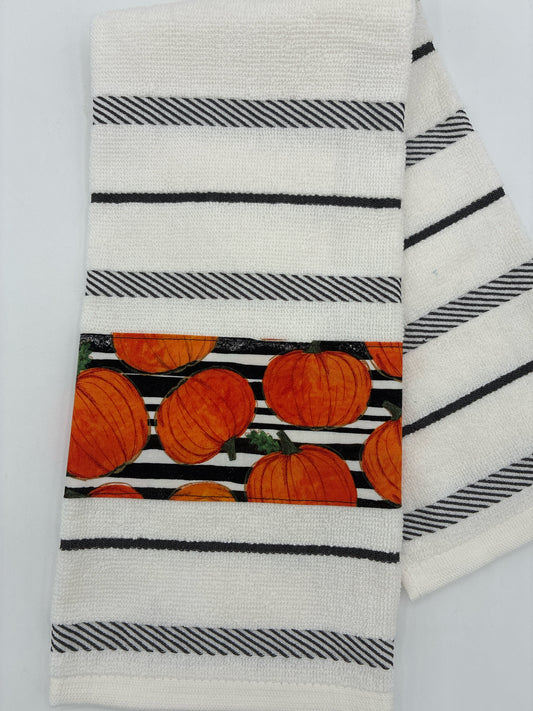 White and Charcoal Striped Towel with Pumpkin Trim