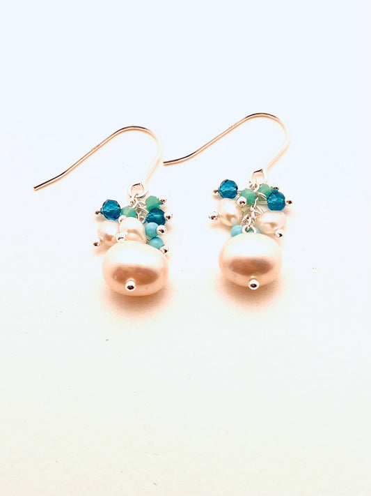Sterling Silver Earrings with Fresh Water Pearls and Turquoise