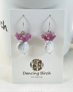 Coin Pearl with Pink Sapphire & Sterling Silver Earrings