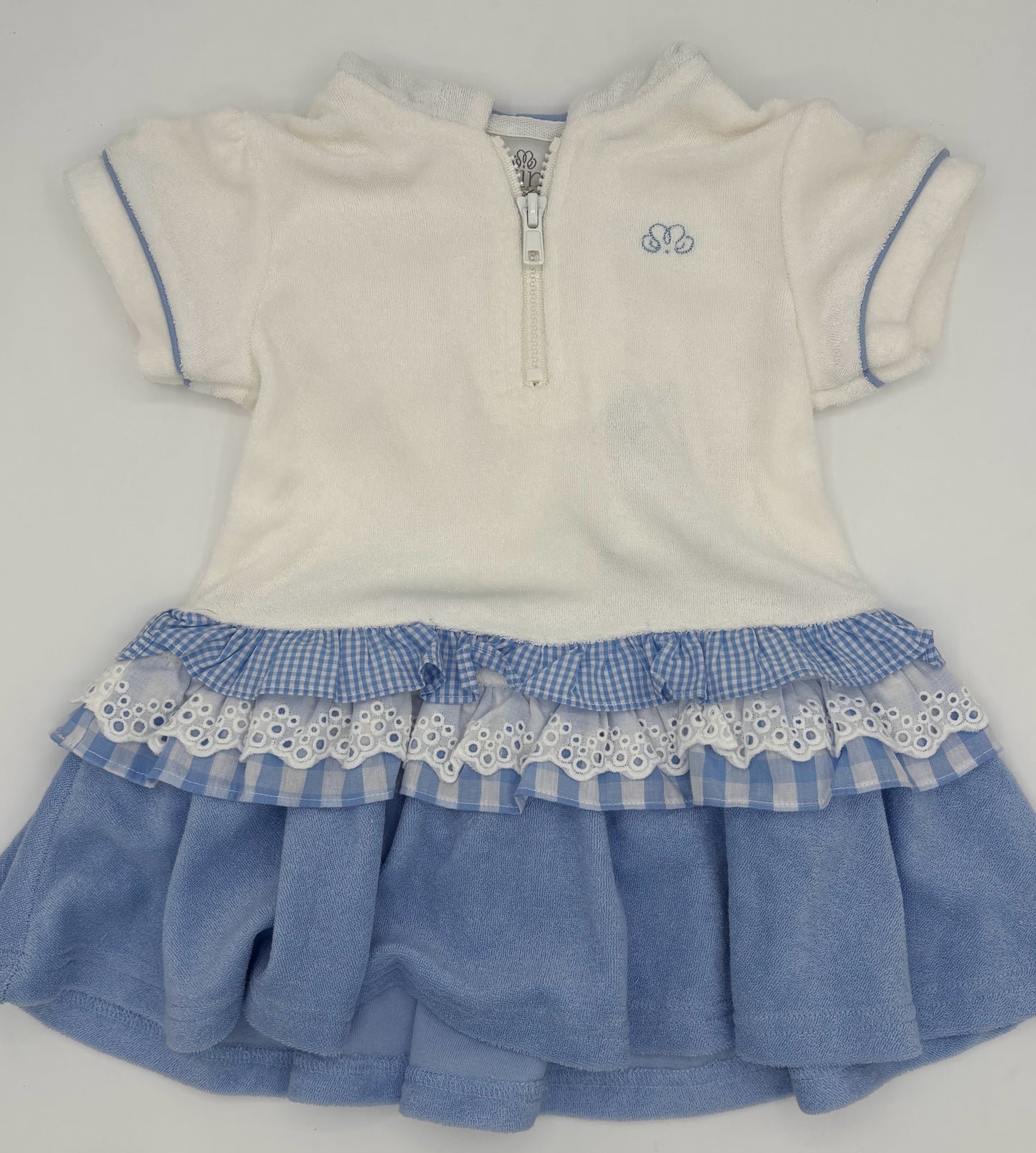 12M Terrycloth White and Blue Ruffled Dress with Hood