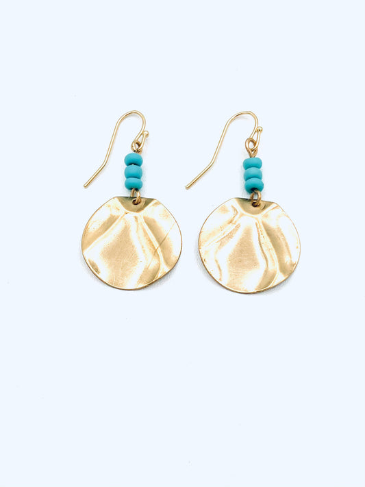 Hammered Disk with Turquoise Beads Earrings