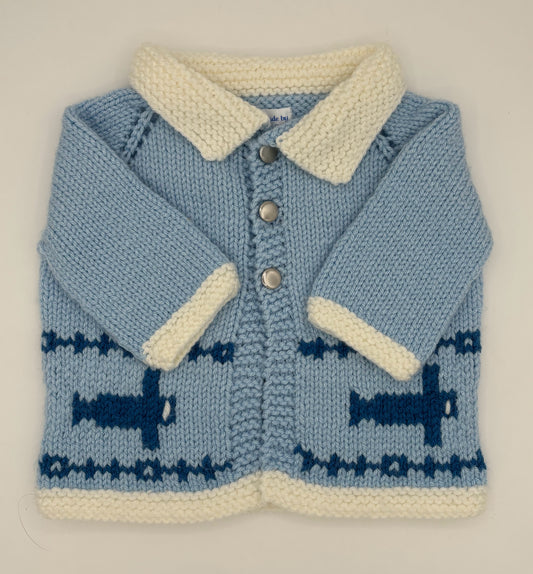 12 M Light Blue and Royal Acrylic Airplane Knit Cardigan