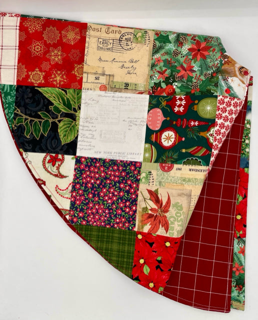Patchwork on Burgandy and White Christmas Tree Skirt