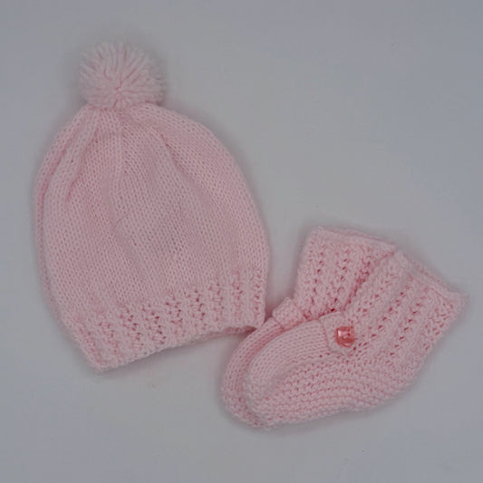 Infant Pink Acrylic Knit Hat & Booties Set